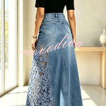 Stylish and Elegant Denim Side Panels Flower Crochet Lace Pocket Maxi Skirt