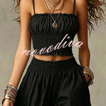 Olive Gypsy  pleated crop top and high-waisted wide-leg pants set