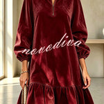 Suede Zipper Neck Long Balloon Sleeve Ruffle Hem Mini Dress