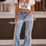 Western Cowgirl Denim High Rise Side Tassels Trim Pocket Flare Jeans