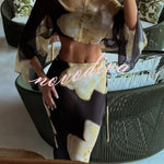 Floral Print Off-shoulder Long-sleeved Loose Top and Elegant Drawstring Maxi Skirt Set