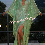 Gianna Sequin Deep V-neck Batwing Sleeve Fringed Trim Slit Gown Maxi Dress