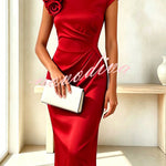 Elegant Solid Color Floral Embellished Pleated Waist Short Sleeve Midi Dress