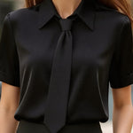 Solid Color Collared Tie Short-sleeved Casual Shirt