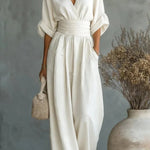 Solid Color V-neck Fitted Waist Pocket Casual Wide-leg Jumpsuit