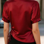 Solid Color Satin V-neck Short-sleeved Side Waist Ruching Casual Top