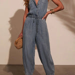 Stylish Collared Sleeveless Elastic Waist Tie Casual Pocket Denim Jumpsuit