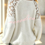 Faux Mink Knit Crochet Flowers Shoulder Wide Neck Long Sleeve Loose Sweater