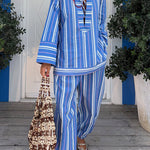 Althea Striped Print Lace-up Neck Long Sleeve Top and Elastic Waist Pocket Lantern Pants Set