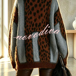 Retro-chic Knit Leopard Print Patchwork High Neck Long Sleeve Loose Sweater