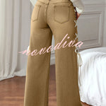 Fashionable Denim Mid Rise Side Ribbon Lace-up Pocket Wide Leg Jeans