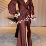 Raise A Toast Satin Long Balloon Sleeve Twist Waist Slit Maxi Dress