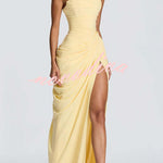 Cyra Back Lace-up Asymmetrical Pleats Strapless Slit Maxi Dress