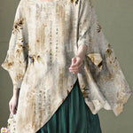 Art Black Asymmetrical Design Embroideried Summer Ramie Shirt Tops