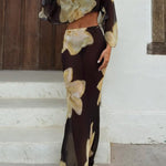 Floral Print Off-shoulder Long-sleeved Loose Top and Elegant Drawstring Maxi Skirt Set