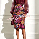 Analie Chiffon High Neck Lantern Sleeve Floral Sequined Hem Sheath Midi Dress