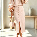 Linen Blend Flowers Buttons Floral Cuffs Sleeve Top and Elastic Waist Pocket Midi Skirt Set