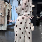 Grazia Polka Dot Sheer Long Balloon Sleeve Shirt and Elastic Waist Pocket Wide Leg Pants Set