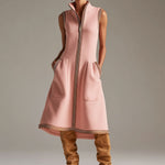 Sporty Retro Striped Ribbed Pink Cotton Blend Sleeveless Midi Dress