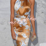Grinnell Satin Contrast Floral Print Ruched High Neck Sleeveless Midi Dress