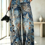 Faux Denim Unique Print Mid Rise Silver Stud Detail  Pocket Barrel Pants