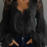 Fashionable Patchwork Lace V-neck Puff Sleeve Loose Shirt