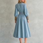 Glam Western Leopard Trim Denim Button Front Midi Dress