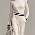 Retro Casual Color-blocked White Knit Top And Pants Set