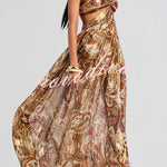 Bohemian Flair Chiffon Golden Paisley Print Cutout Halter Maxi Dress