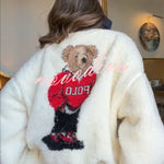 Cute Bear Print Colorblock High-Pile Fleece Zipper High Neck Long Sleeve Pocket Sweatshirts