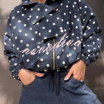 Kadence Polka Dot Zipper Lapel High Neck Drawstring Hem Sporty Jacket