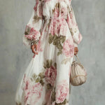 Floral Print Off-Shoulder Long-Sleeve Elastic Waist-Defining Maxi Dress