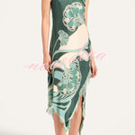 Bohemian Style Floral Print Tassel Trim Irregular Hem Slit Scarf Midi Dress
