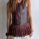 Stylish Halter Neck Sleeveless Leather Tassel Loose Top