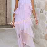 Solid Color Chiffon Halter Neck Elegant Ruffle Maxi Dress