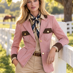 Vintage Safari Pink Contrast Trim Gold Button Tailored Denim Blazer