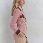 Vintage Safari Pink Contrast Trim Gold Button Tailored Denim Blazer