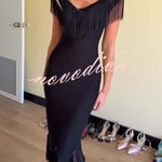 Solid Color V-neck Off-shoulder Slim-fit Tassel Midi Dress