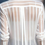 Stylish Sheer Striped Collared Long-sleeved Loose Casual Shirt
