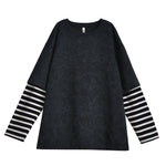 Washed Distressed Striped Patchwork Fake Two-piece T-shirt