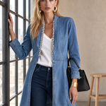 Elegant Chic Pearl Trim Open Front Longline Denim Duster Jacket