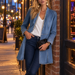 Elegant Chic Pearl Trim Open Front Longline Denim Duster Jacket