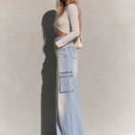 Relaxed Vintage Light Wash Frayed Waist Cargo Wide Leg Jeans
