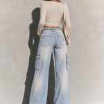 Relaxed Vintage Light Wash Frayed Waist Cargo Wide Leg Jeans