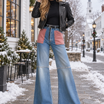 Retro Patchwork Pink Pocket High Waist Zip Fly Flare Jeans
