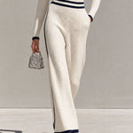Retro Casual Color-blocked White Knit Top And Pants Set