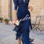Elegant Night V-Neck Long Sleeve Layered Tassel Hem Maxi Dress