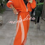 Fashionable Sporty Stripes Long Sleeve Zipper Drawstring Jacket and Elastic Waist Pocket Pants Set