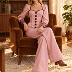 Retro Romantic Pink Sweetheart Neck Button Front Wide Leg Denim Jumpsuit