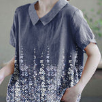 Women Pink Peter Pan Collar Patchwork Summer Ramie Shirts Short Sleeve